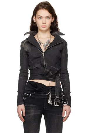 Y / PROJECT Blouson ajusté noir en denim à ceinture double tour