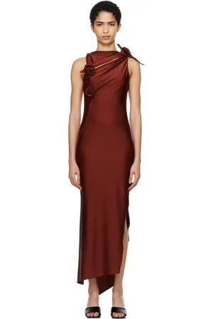 COPERNI Robe midi asymétrique bourgogne à appliqués floraux