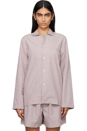 Tekla Chemise de pyjama à manches longues mauve et blanc en popeline