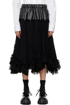Comme des Garçons Jupe midi noire en georgette à panneau en cuir synthétique
