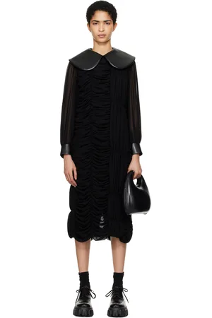 Comme des Garçons Robe midi noire en georgette à garnitures en cuir synthétique