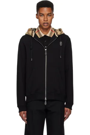 Burberry Pull à capuche noir en coton à carreaux et à glissière