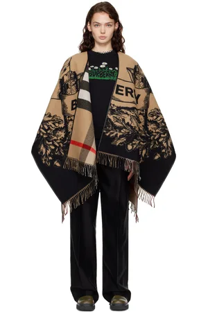 Burberry Cape réversible beige et noir en laine à carreaux et à emblème du cavalier