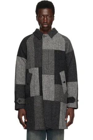 Beams Manteau de style balmacaan gris à col classique et à patchwork