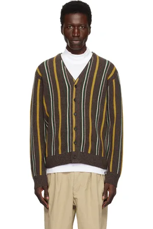 Beams Cardigan brun en tricot jauge 12 à rayures