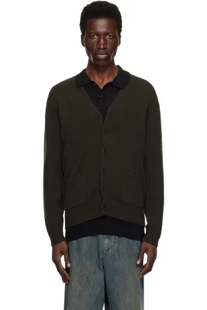 Beams Cardigan kaki en tricot jauge 7 à empiècement aux coudes à l
