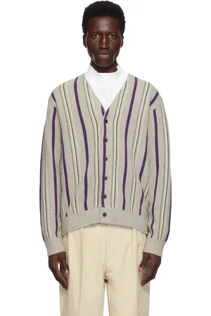 Beams Cardigan gris en tricot jauge 12 à rayures