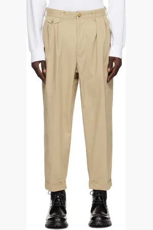 Beams Pantalon beige en sergé à plis