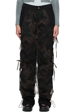 Andersson Bell Pantalon étagé noir avec sangles à nouer et empiècement en filet à motif camouflage