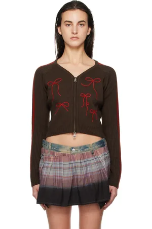 Andersson Bell Cardigan rouge et brun en tricot à images de ruban brodées