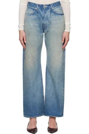 Auralee Jean bleu en denim épais à lisières et à effet délavé