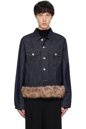 COPERNI Blouson bleu en denim à ourlet en fourrure synthétique