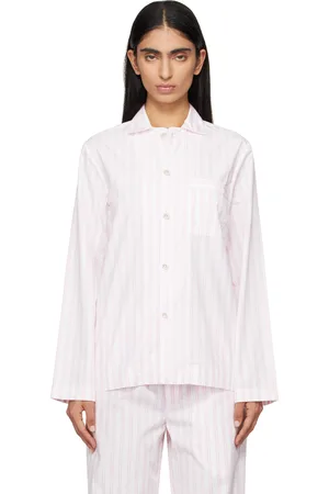 Tekla Chemise de pyjama à manches longues blanc et rose en popeline