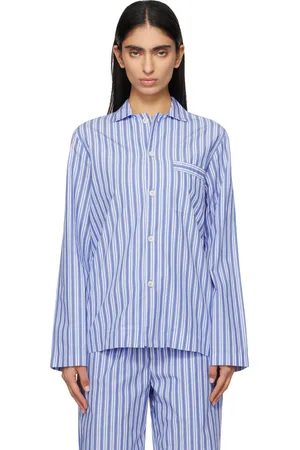 Tekla Chemise de pyjama à manches longues blanc et bleu en popeline