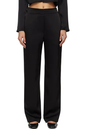 Leset Pantalon droit noir en satin Barb à taille haute