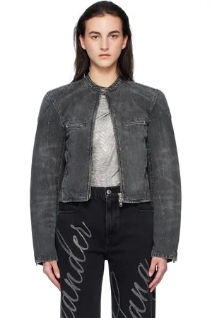 Alexander Wang Blouson motard gris en denim à ornements facettés thermocollés