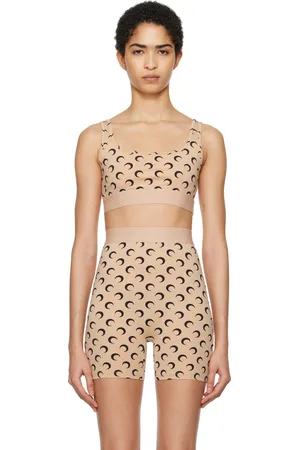 Marine Serre Soutien-gorge de sport beige et noir en jersey à motif à logos