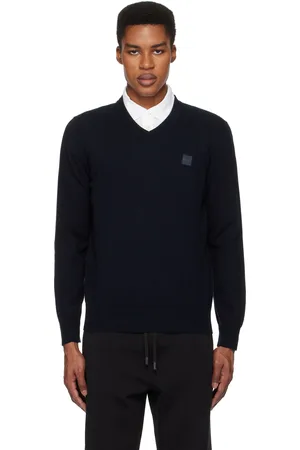 HUGO BOSS Pull bleu marine à col en V et à écusson à logo