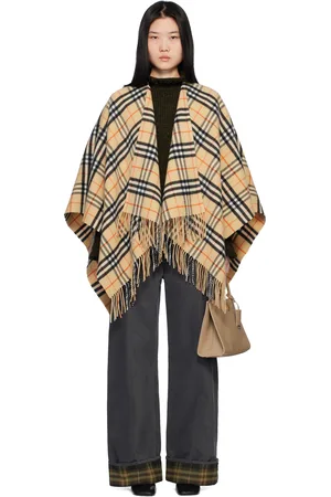 Burberry Manteau de style cape beige en laine et cachemire à carreaux