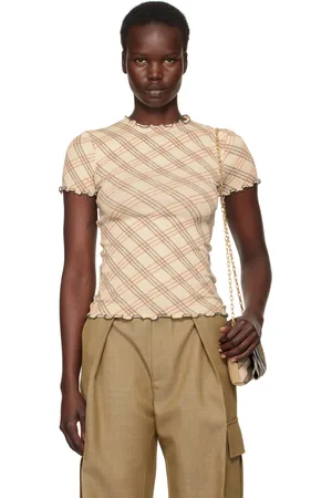 Burberry T-shirt beige en tricot extensible de coton à carreaux