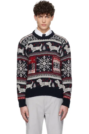 Thom Browne Pull bleu marine en mohair à col ras du cou et à motif des fêtes à logos Hector