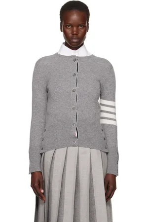 Thom Browne Cardigan gris en cachemire à col ras du cou et à quatre rayures