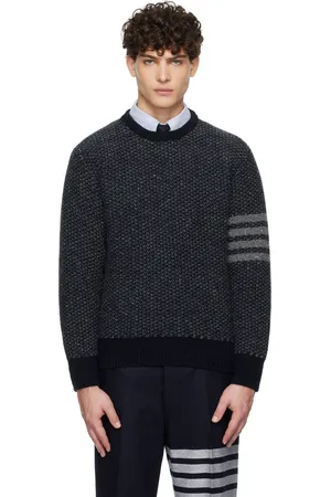 Thom Browne Pull bleu marine en tricot de fil donegal à quatre rayures