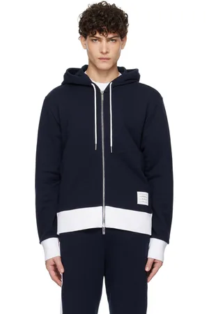 Thom Browne Pull à capuche bleu marine en jersey à glissière et à quatre rayures