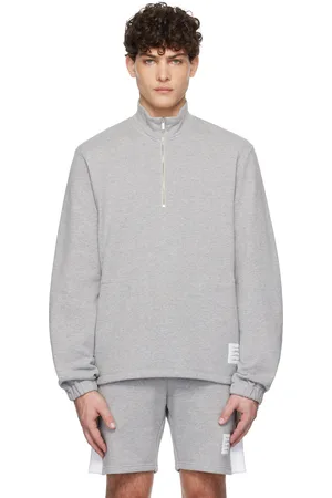 Thom Browne Pull molletonné gris en jersey bouclette à demi-glissière et à quatre rayures