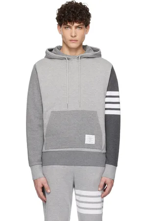 Thom Browne Pull à capuche gris en jersey bouclette à quatre rayures