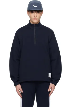 Thom Browne Pull molletonné bleu marine en jersey bouclette à demi-glissière et à quatre rayures