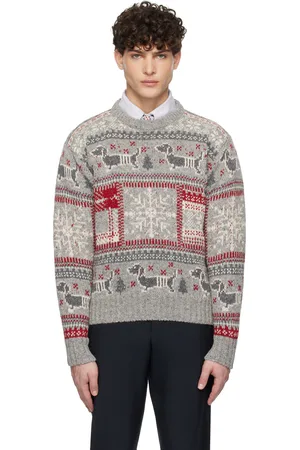 Thom Browne Pull gris et rouge en mohair à col ras du cou et à motif des fêtes à logos Hector