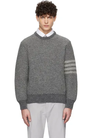 Thom Browne Pull gris en tricot de fil donegal à quatre rayures