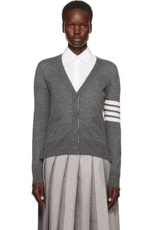 Thom Browne Cardigan décontracté gris en laine à col en V et à quatre rayures