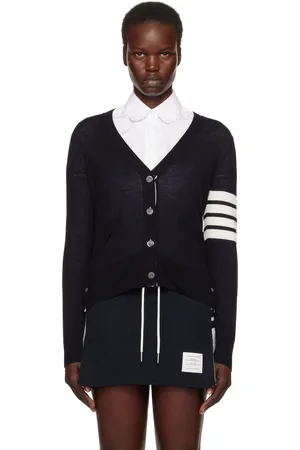 Thom Browne Cardigan décontracté bleu marine en laine à col en V et à quatre rayures
