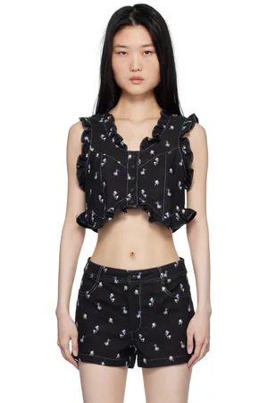 Anna Sui Gilet écourté noir en denim à motif de roses brodé