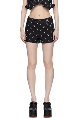 Anna Sui Short noir en denim à motif de roses brodé