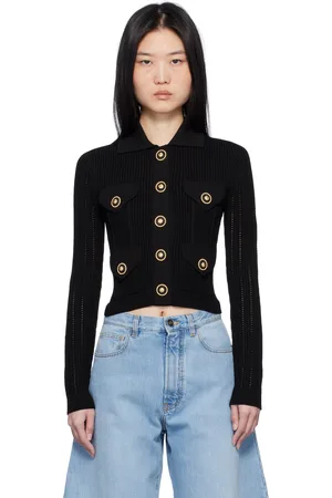 Balmain Cardigan écourté noir en tricot côtelé