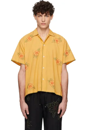 HARAGO Chemise à manches courtes jaune à motif fleuri brodé