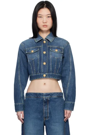 Balmain Blouson écourté bleu en denim à effet délavé