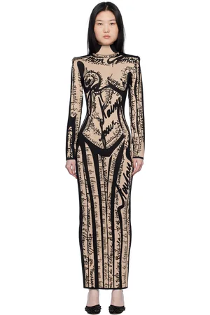 Balmain Robe longue noir et brun clair en tricot à image