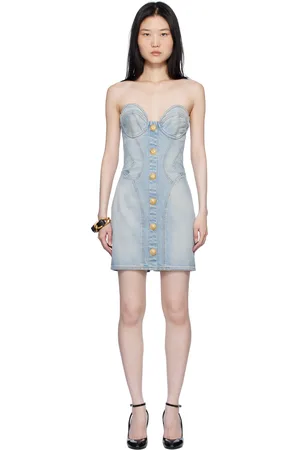 Balmain Robe courte bleue en denim à boutons
