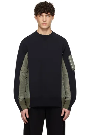 SACAI Pull molletonné bleu marine et kaki en jersey et en sergé de nylon