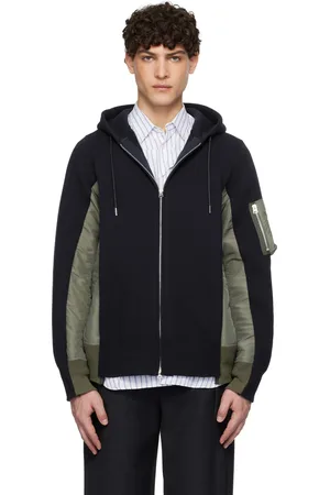 SACAI Pull à capuche bleu marine et kaki en jersey et en sergé de nylon