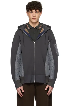 SACAI Pull à capuche gris en jersey et en sergé de nylon