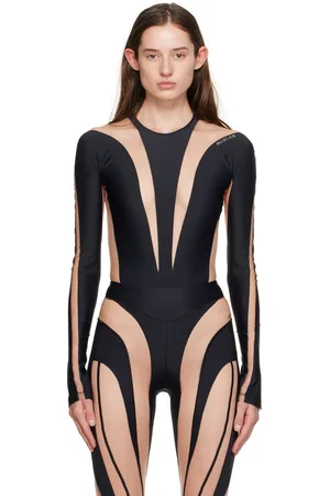 MUGLER Justaucorps noir à panneaux en tulle