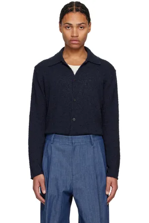 LE 17 SEPTEMBRE Chemise bleu marine en tricot de fil bouclé à boutons