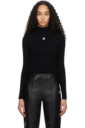 Courrèges Pull noir en tricot côtelé à col cheminée - Reedition