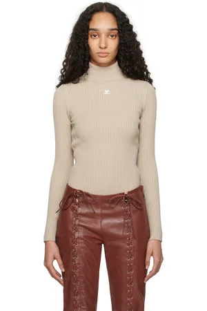 Courrèges Pull beige en tricot côtelé à col cheminée - Reedition
