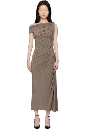 Alaïa Robe midi asymétrique taupe à passepoil rembourré